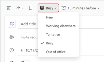 Teams 会议中显示为状态的下拉菜单的屏幕截图。